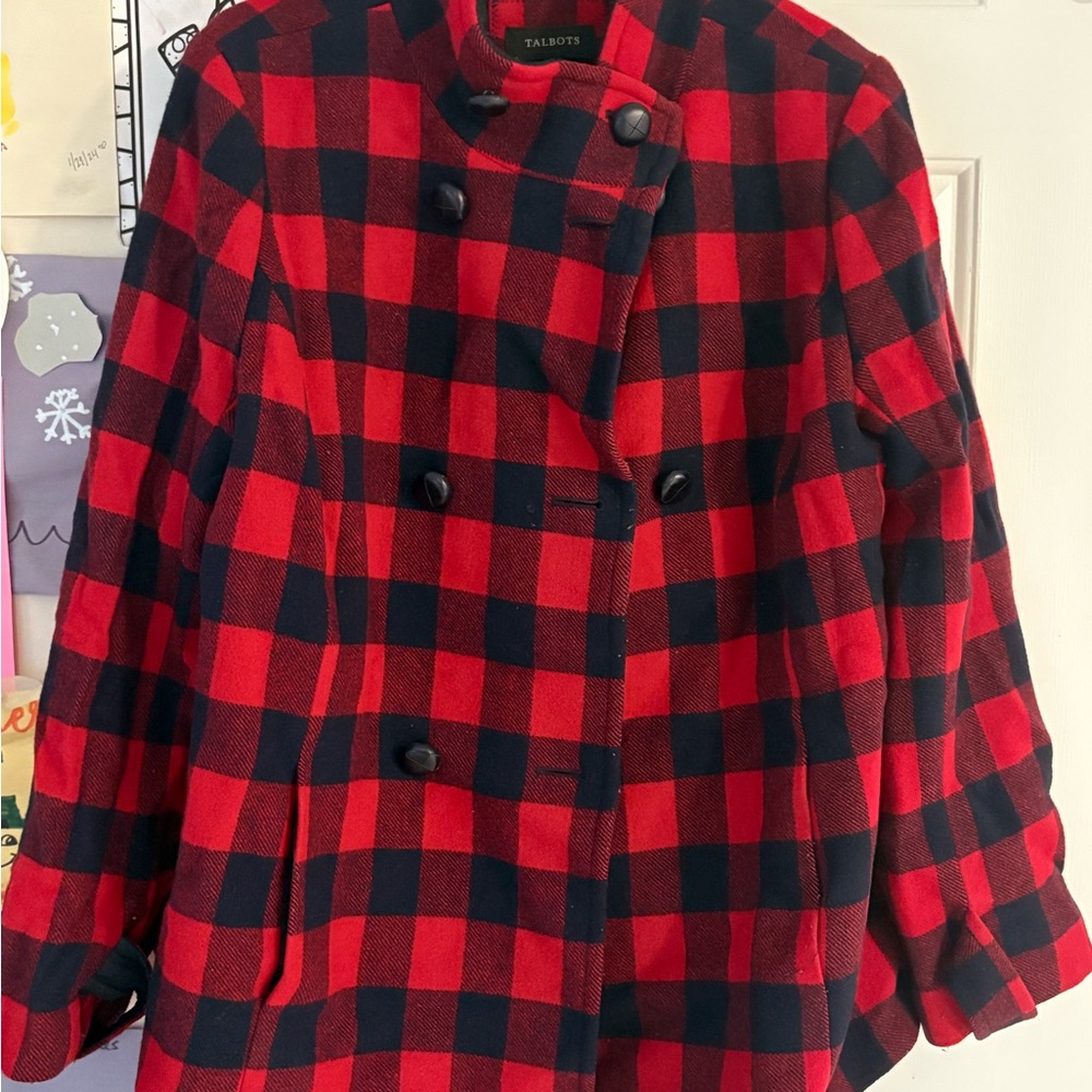 Talbots Women's Red and Navy Blue  Checkered Pea Coat